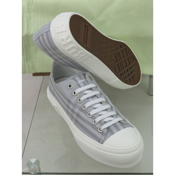 NIB BURBERRY JACK GRAY CHECK CANVAS LOGO WHITE CAP TOE SNEAKERS 42 9 ITALY - Picture 7 of 12